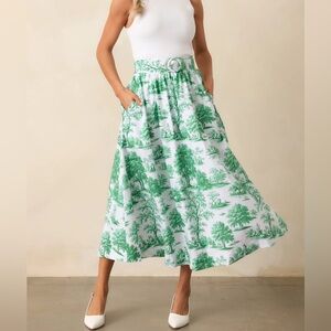 Prosperina Thena Eden Green Toile Belted Midi Skirt